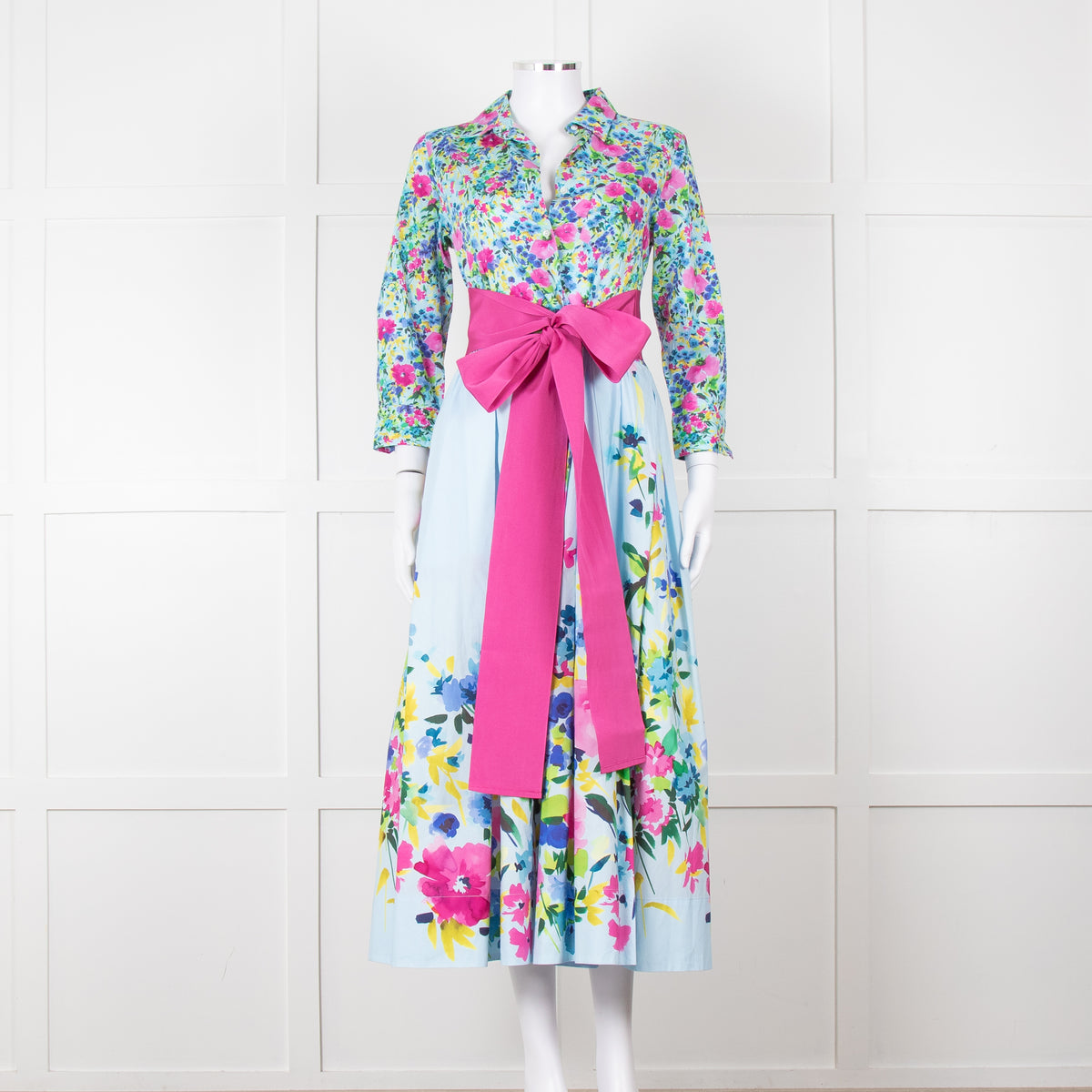 Sara Roka Pale Blue Pink Floral Maxi Cotton Twin Belted Dress