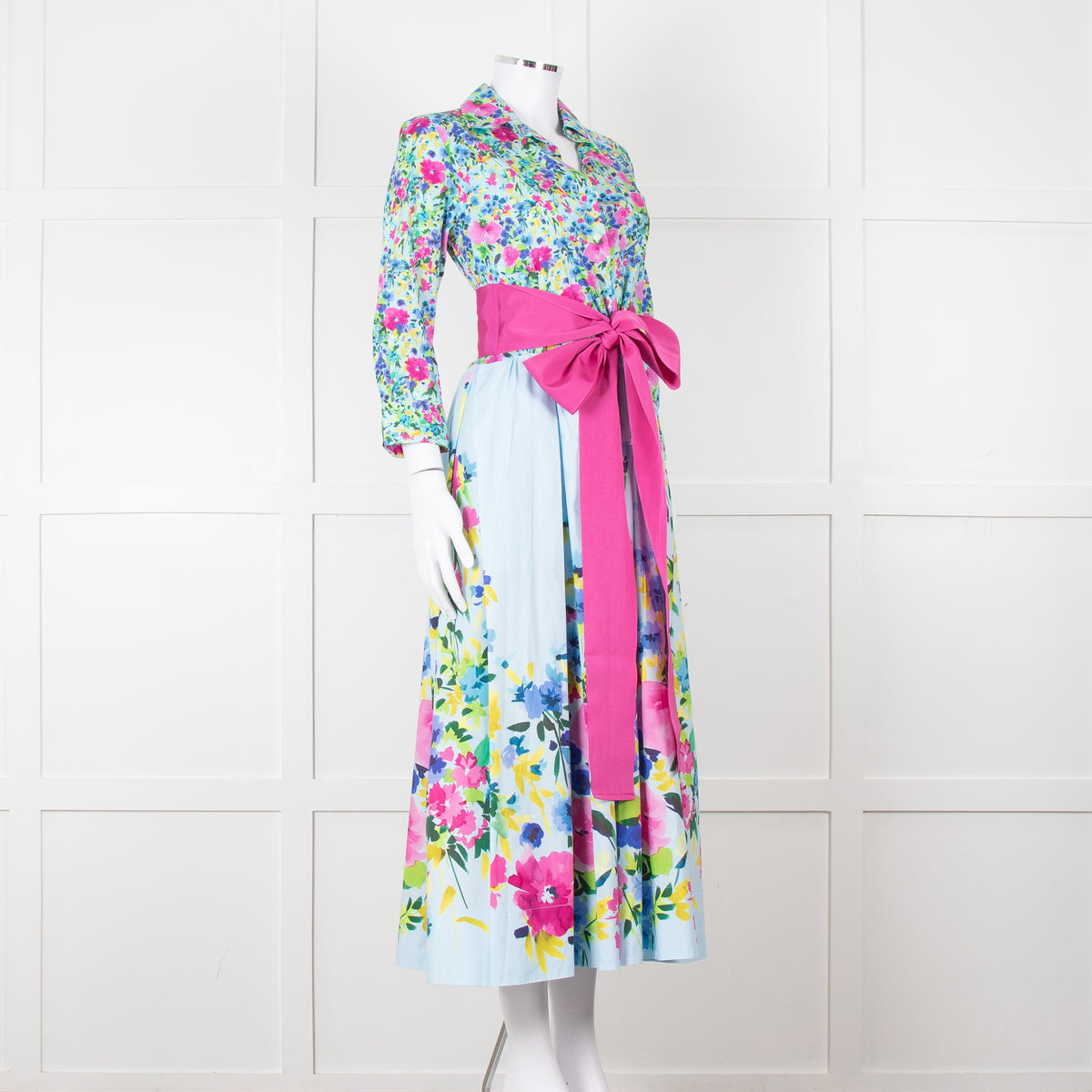 Sara Roka Pale Blue Pink Floral Maxi Cotton Twin Belted Dress