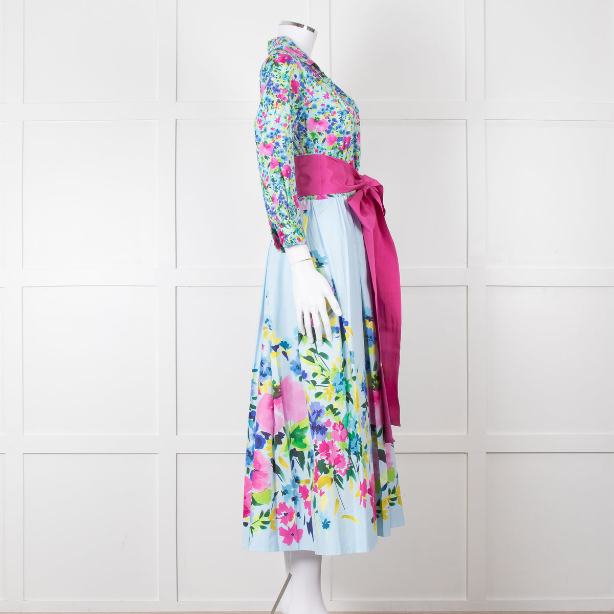Sara Roka Pale Blue Pink Floral Maxi Cotton Twin Belted Dress