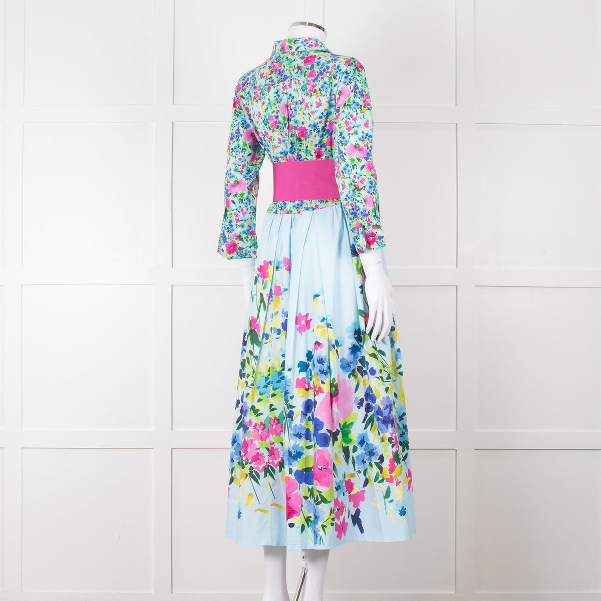 Sara Roka Pale Blue Pink Floral Maxi Cotton Twin Belted Dress