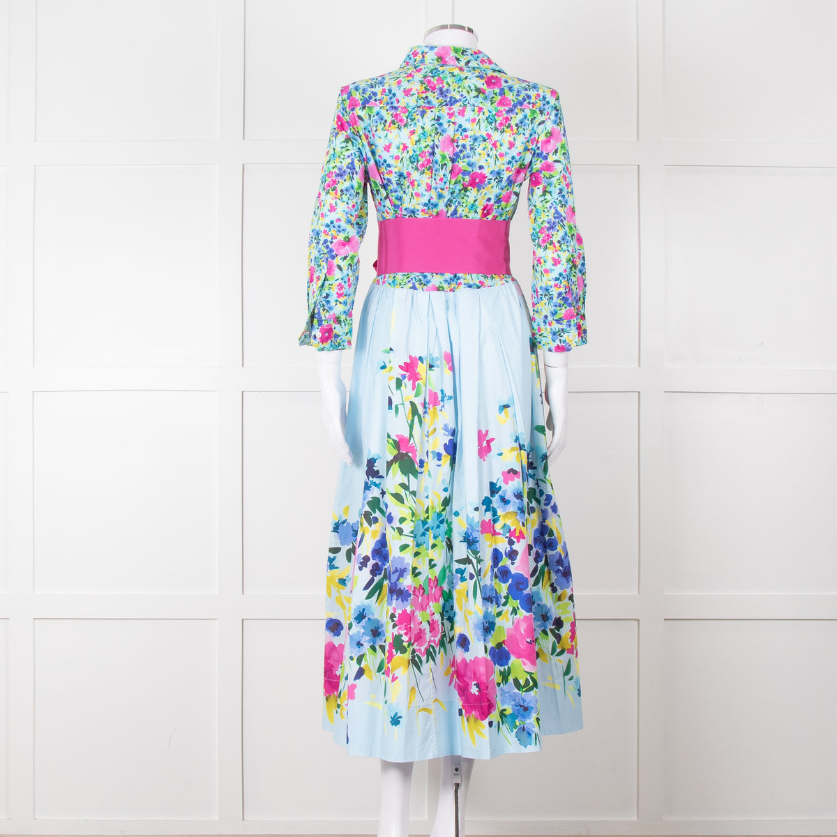 Sara Roka Pale Blue Pink Floral Maxi Cotton Twin Belted Dress