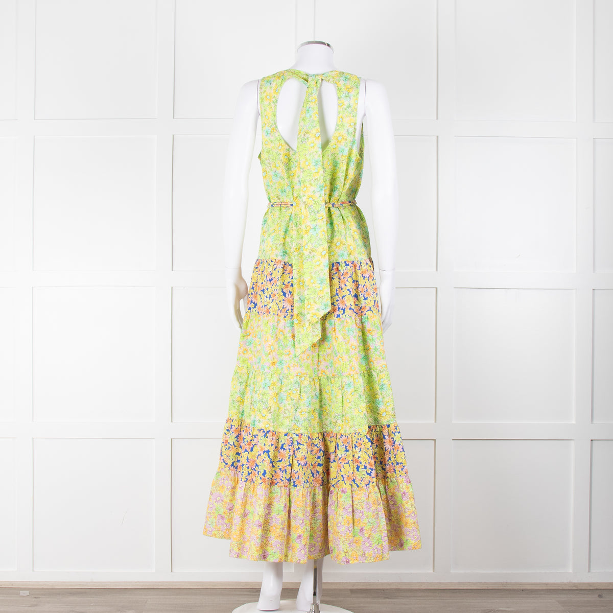 Alemais Lime Green Yellow Textured Tiered Belted Sleeveless Dress
