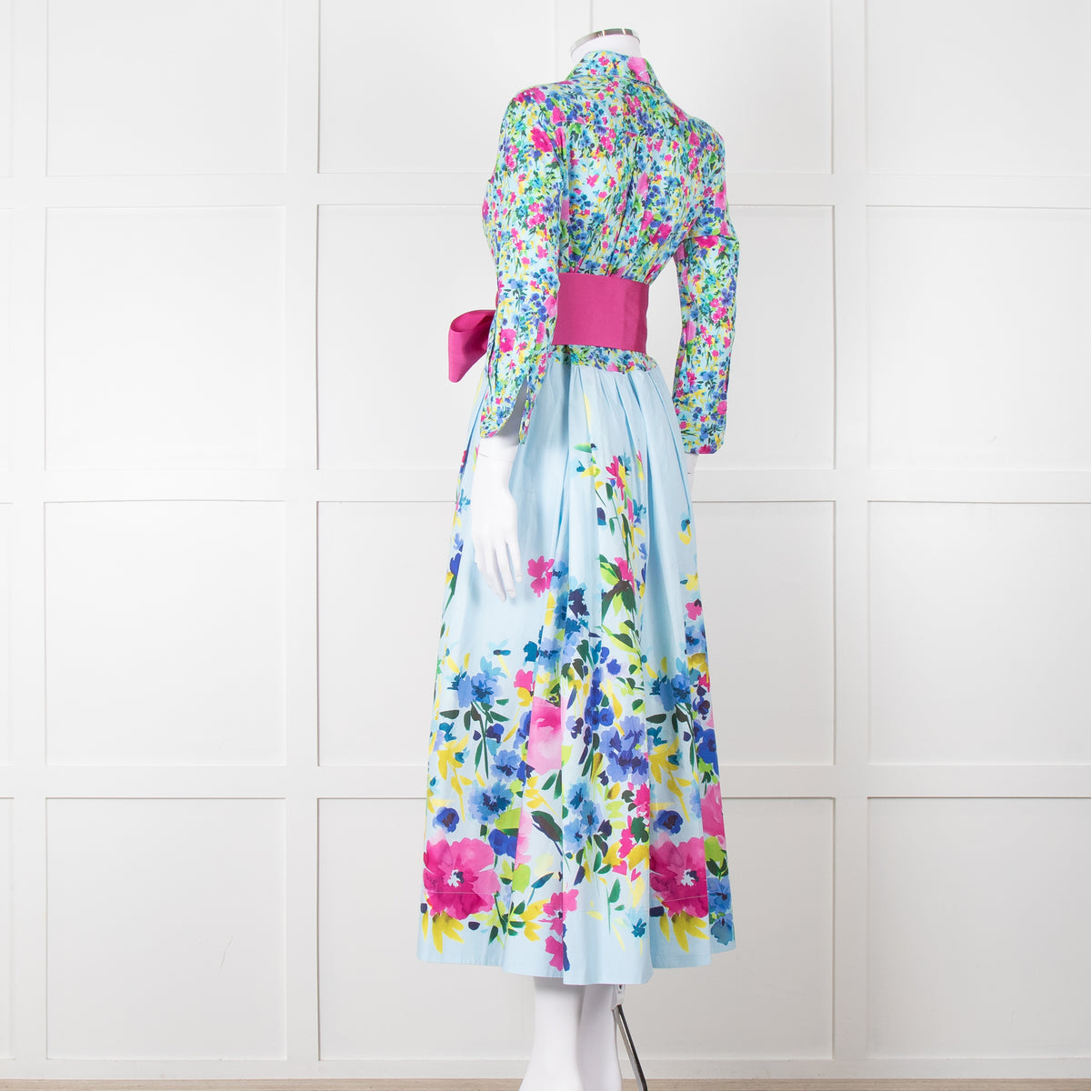 Sara Roka Pale Blue Pink Floral Maxi Cotton Twin Belted Dress