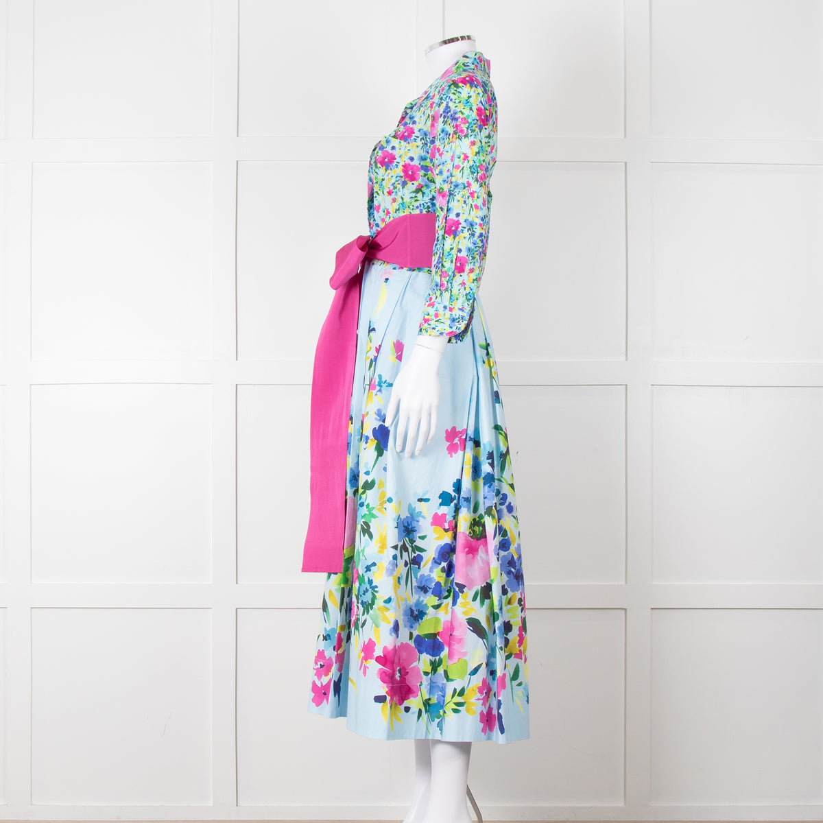 Sara Roka Pale Blue Pink Floral Maxi Cotton Twin Belted Dress