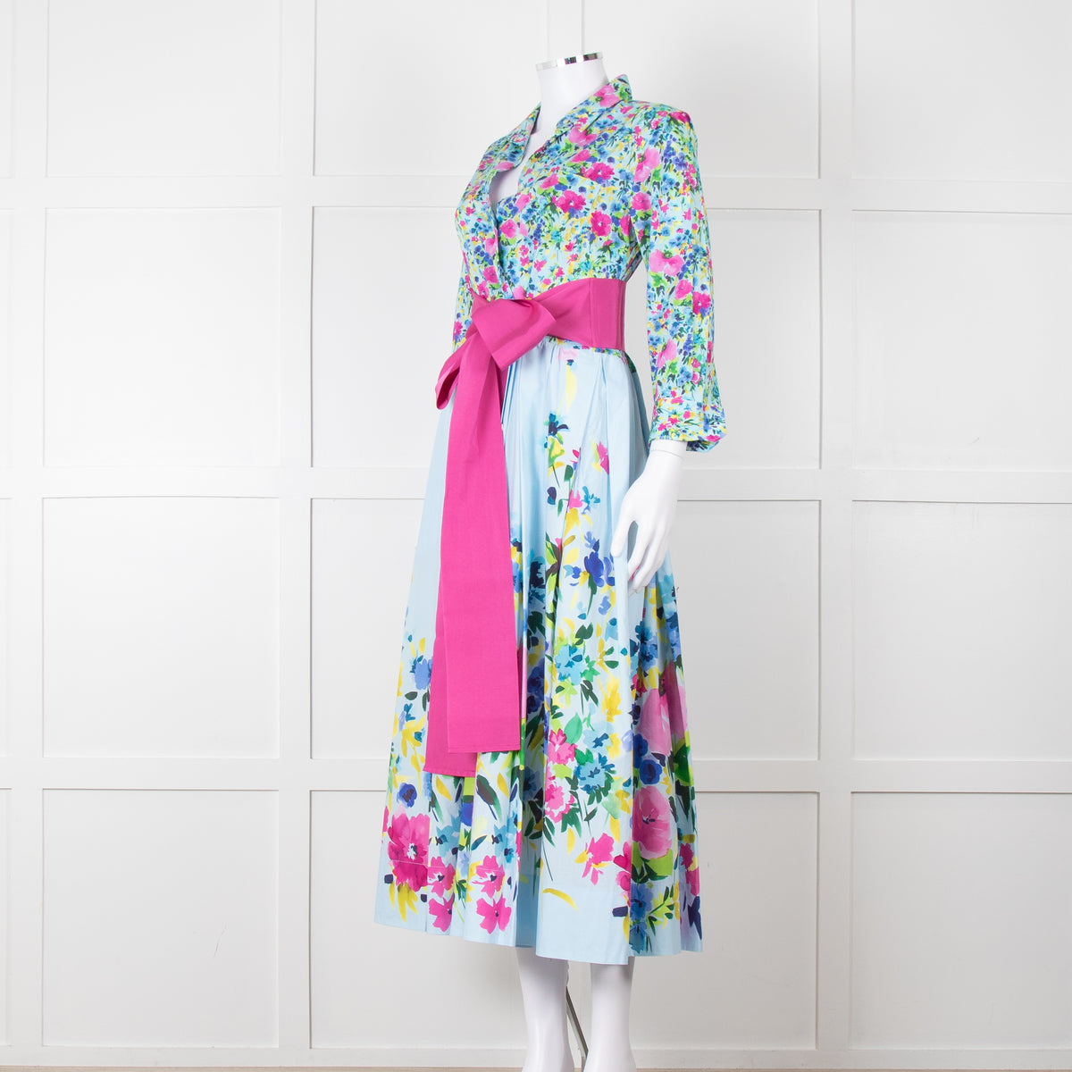 Sara Roka Pale Blue Pink Floral Maxi Cotton Twin Belted Dress