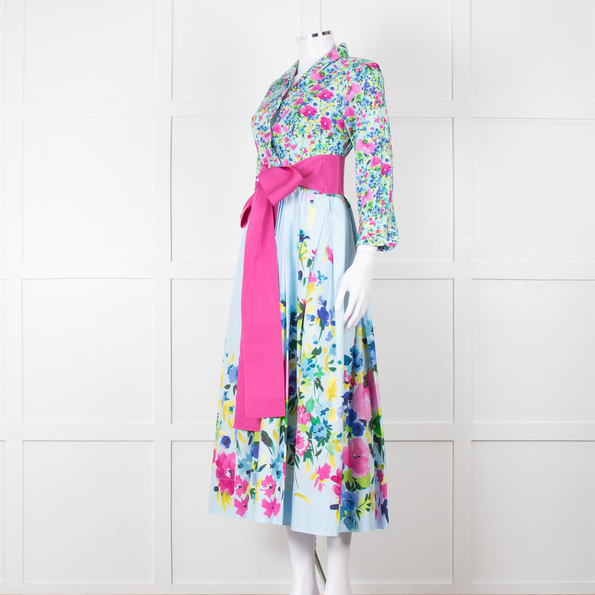 Sara Roka Pale Blue Pink Floral Maxi Cotton Twin Belted Dress