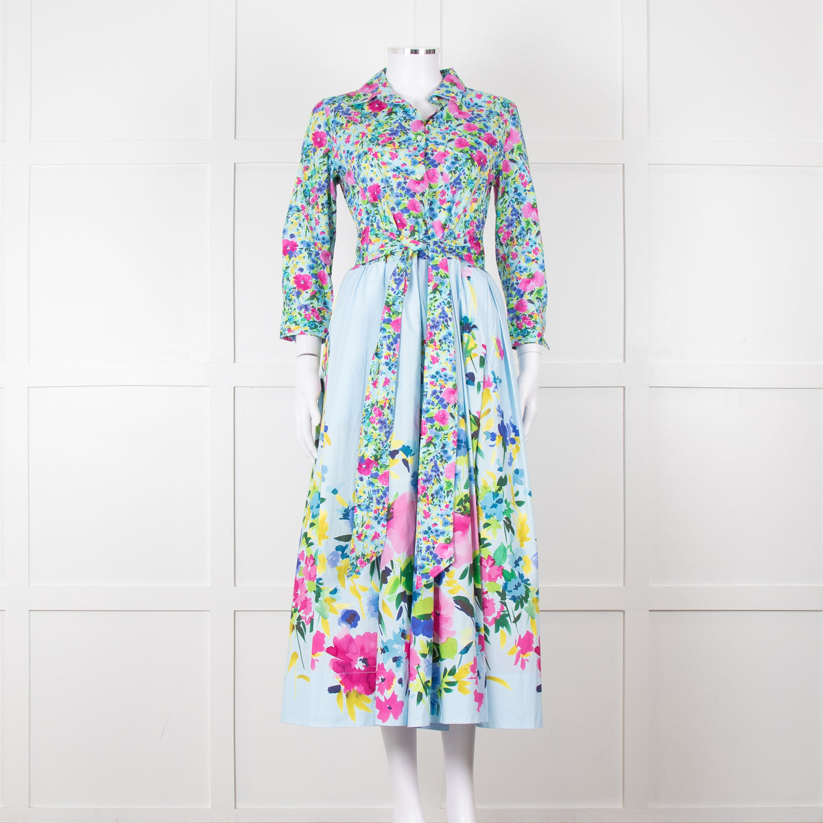Sara Roka Pale Blue Pink Floral Maxi Cotton Twin Belted Dress