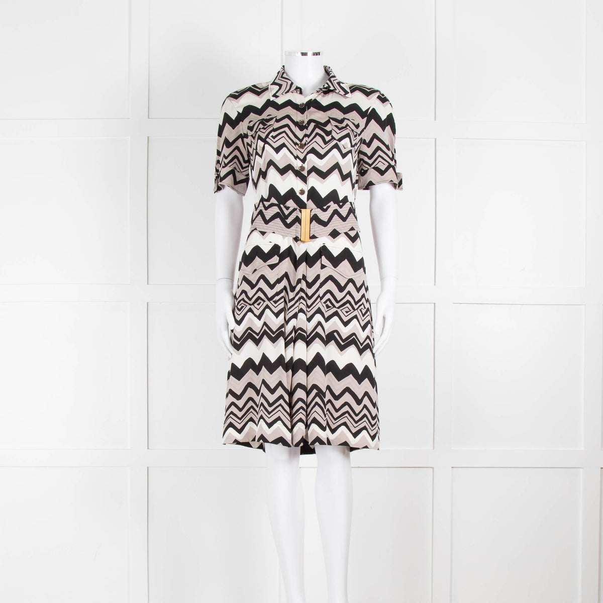 Diane Von Furstenberg Cream Black Zig Zag Belted Short Sleeve Dress