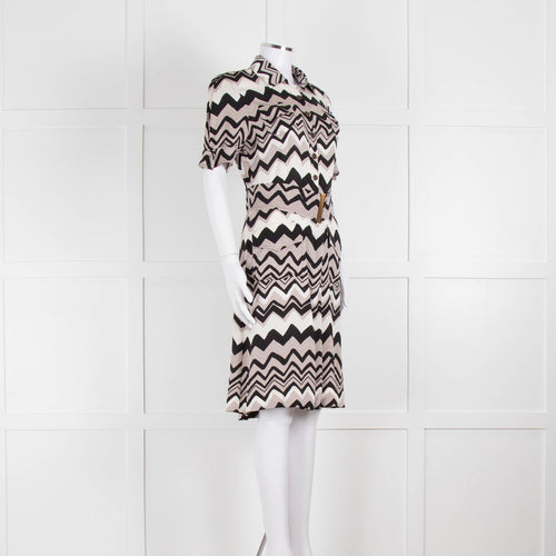 Diane Von Furstenberg Cream Black Zig Zag Belted Short Sleeve Dress