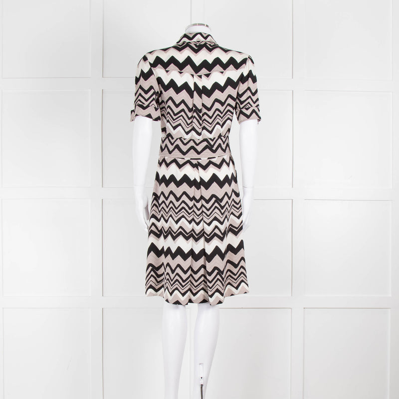 Diane Von Furstenberg Cream Black Zig Zag Belted Short Sleeve Dress