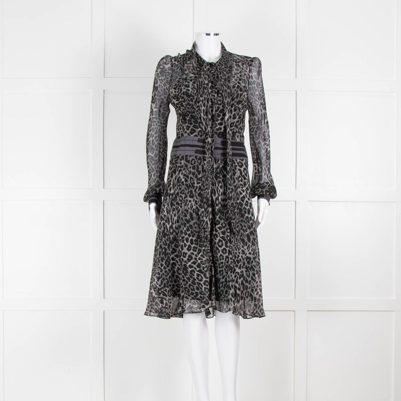 Diane Von Furstenberg Grey Animal Print Silk Long Sleeve Dress With Slip