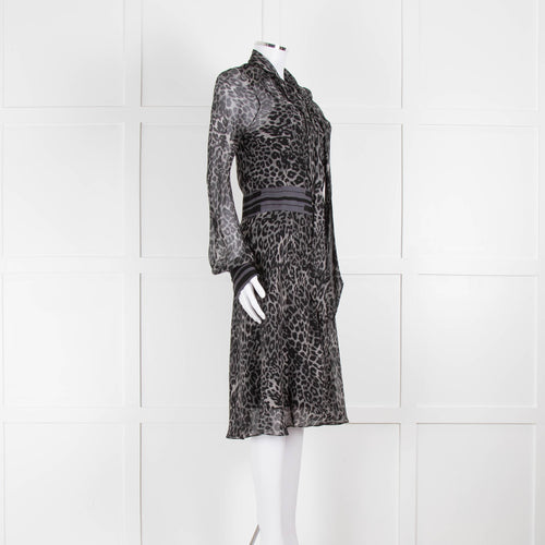 Diane Von Furstenberg Grey Animal Print Silk Long Sleeve Dress With Slip