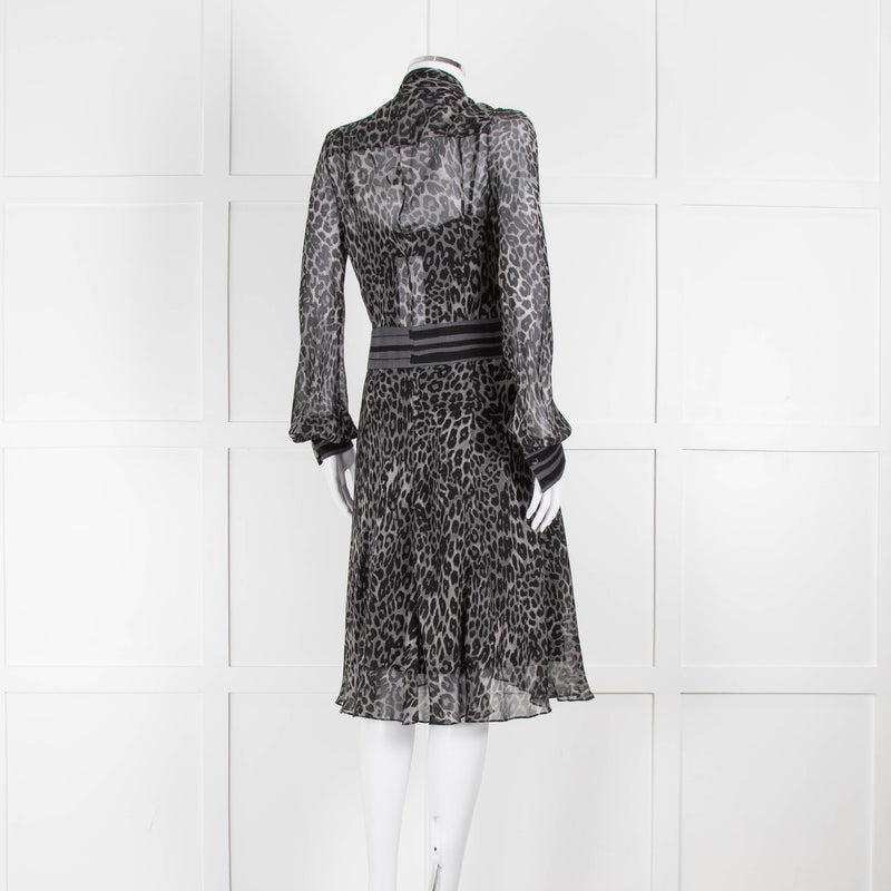 Diane Von Furstenberg Grey Animal Print Silk Long Sleeve Dress With Slip