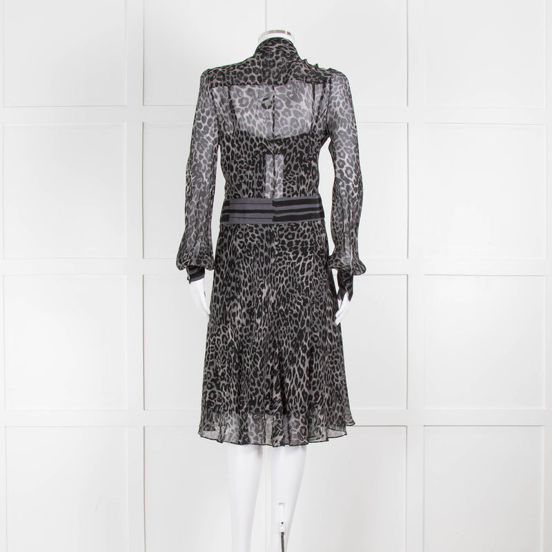 Diane Von Furstenberg Grey Animal Print Silk Long Sleeve Dress With Slip