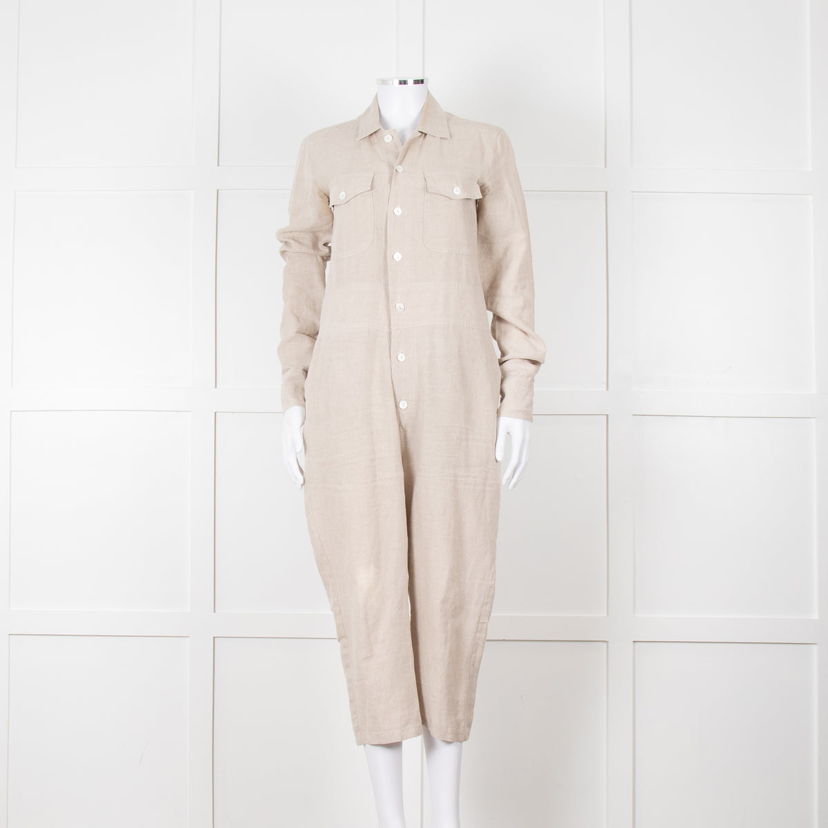 White Story Beige Linen Button Up Jumpsuit