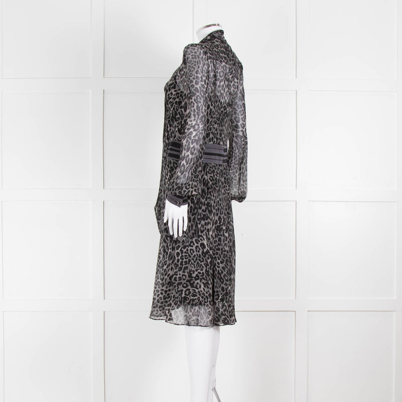Diane Von Furstenberg Grey Animal Print Silk Long Sleeve Dress With Slip