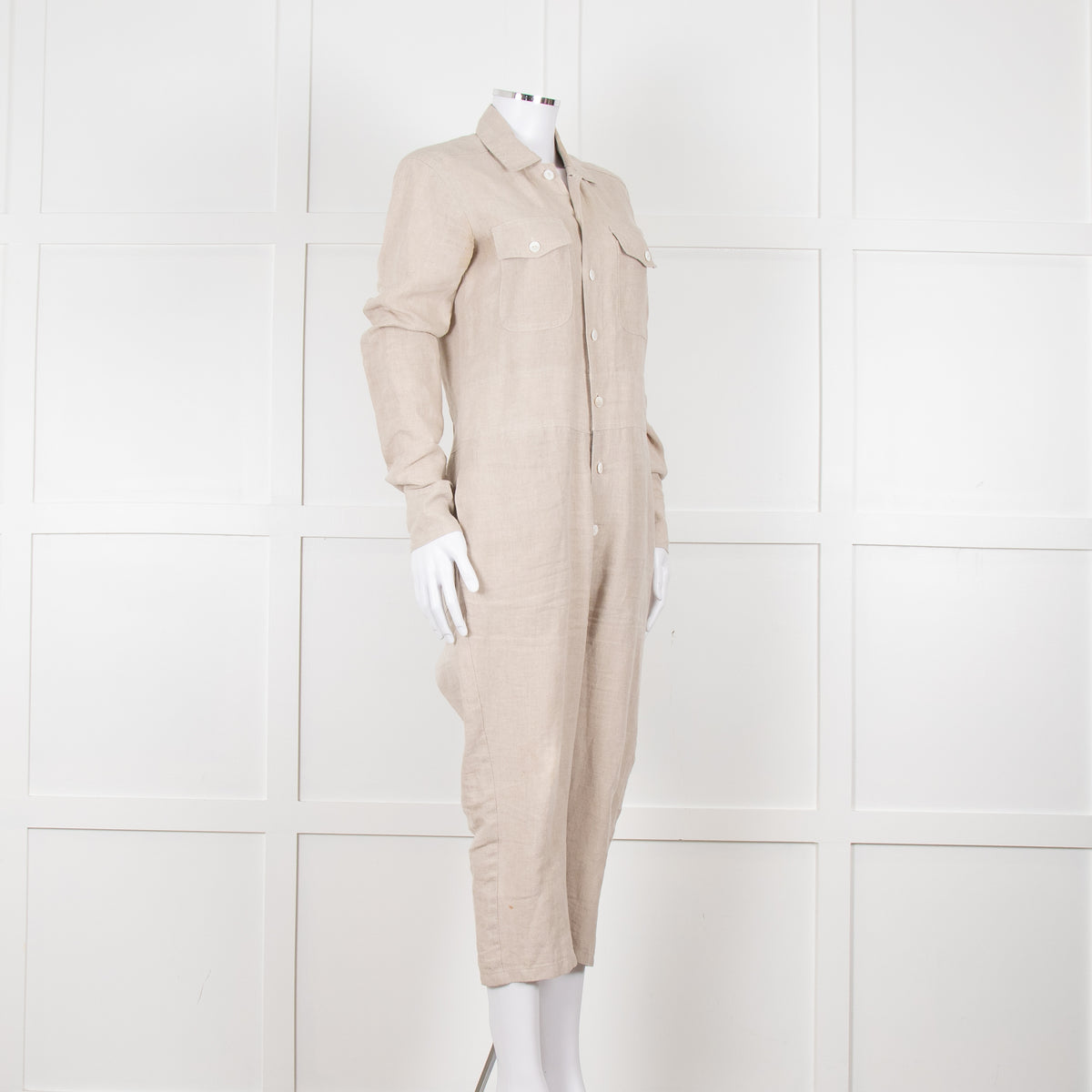 White Story Beige Linen Button Up Jumpsuit