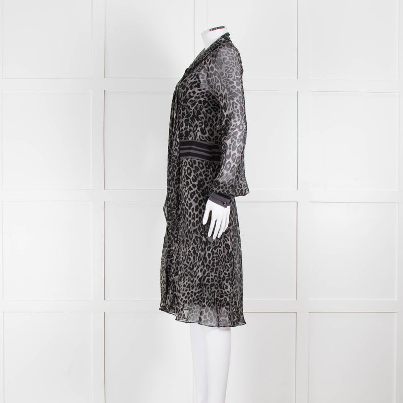 Diane Von Furstenberg Grey Animal Print Silk Long Sleeve Dress With Slip