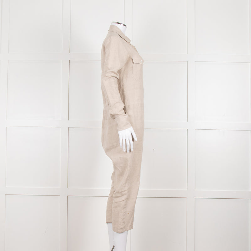 White Story Beige Linen Button Up Jumpsuit