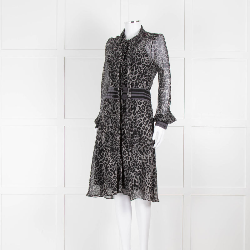 Diane Von Furstenberg Grey Animal Print Silk Long Sleeve Dress With Slip