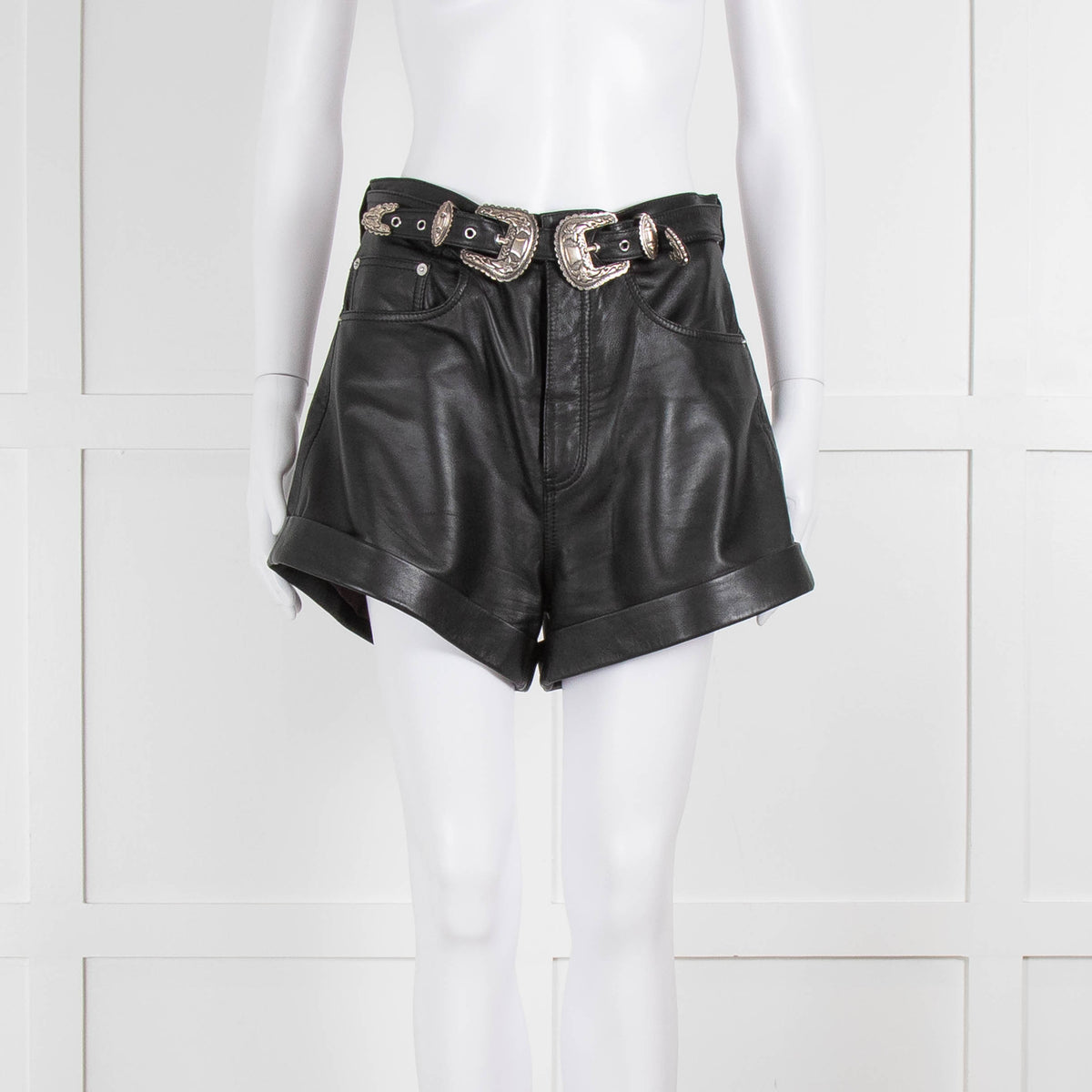 The Kooples Black Leather Double Buckle Belted Shorts