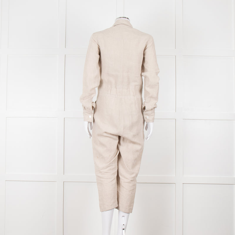 White Story Beige Linen Button Up Jumpsuit