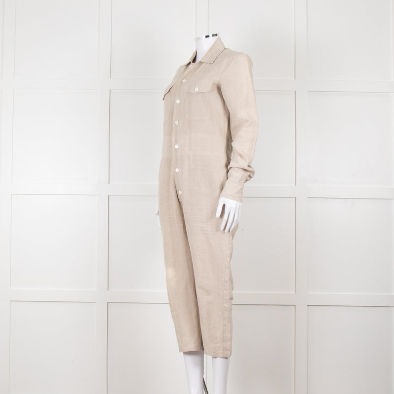 White Story Beige Linen Button Up Jumpsuit
