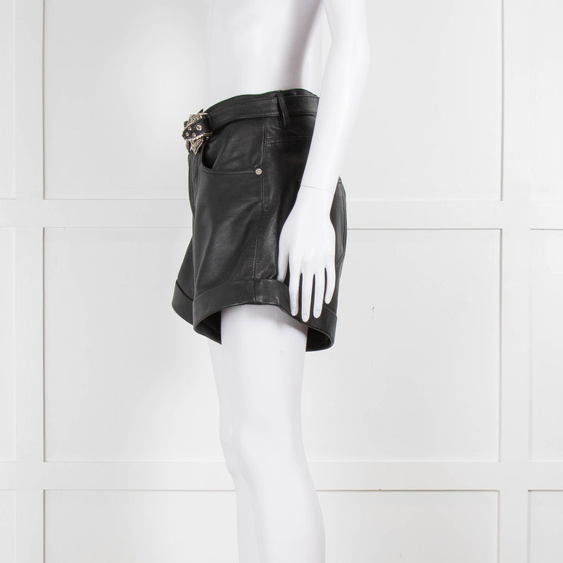 The Kooples Black Leather Double Buckle Belted Shorts
