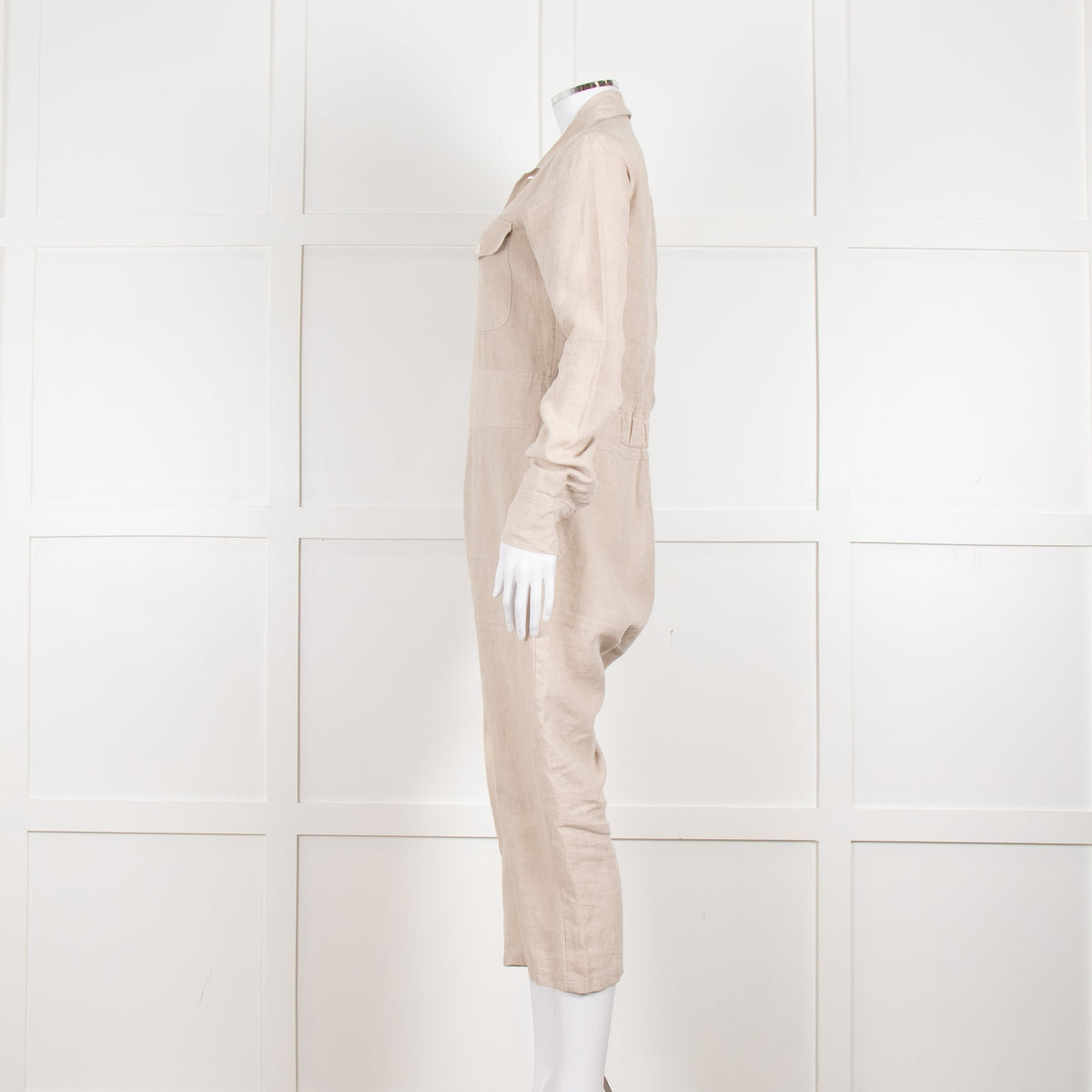White Story Beige Linen Button Up Jumpsuit