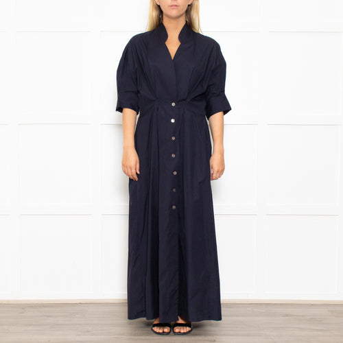 White Story Navy Cotton Gathered Waist Shirt Dress