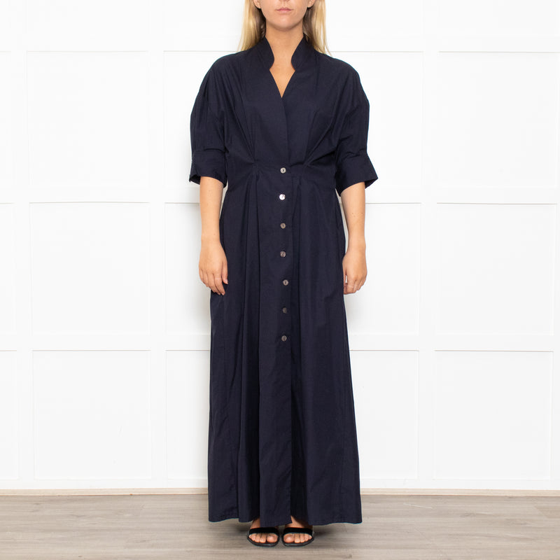 White Story Navy Cotton Gathered Waist Shirt Dress