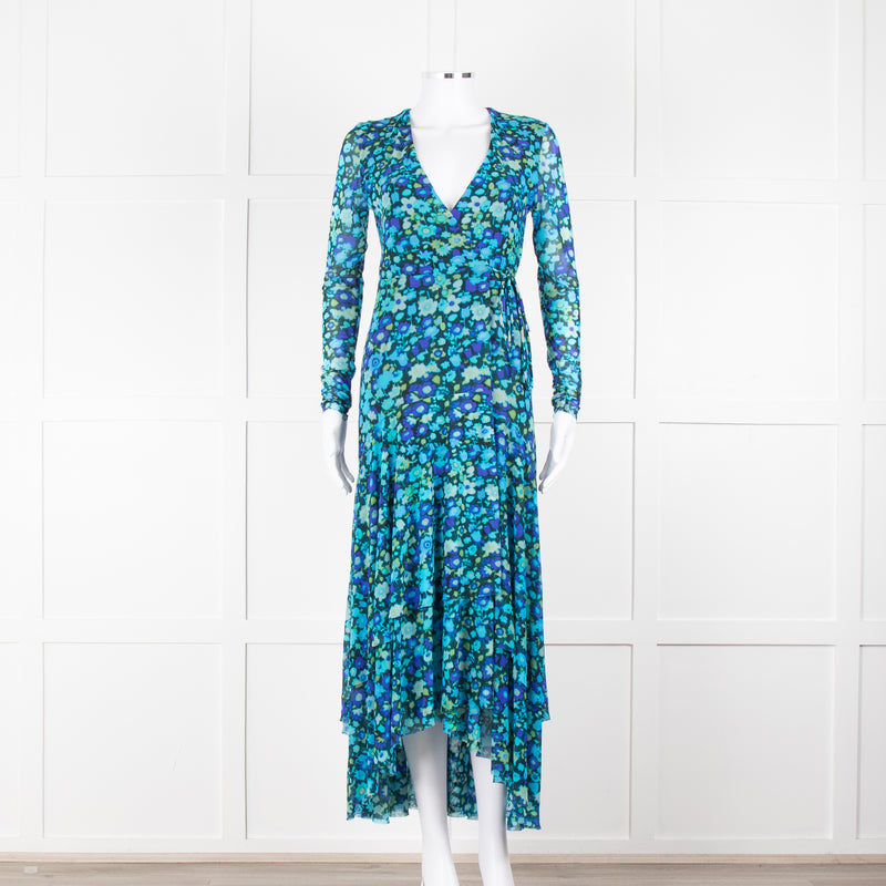 Ganni Black Blue Floral Wrapped Midi Dress