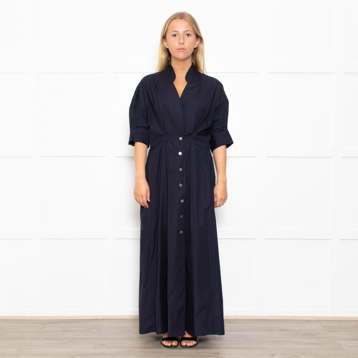White Story Navy Cotton Gathered Waist Shirt Dress