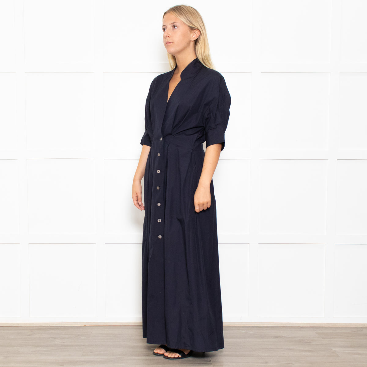 White Story Navy Cotton Gathered Waist Shirt Dress