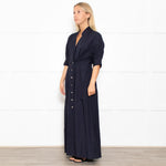 White Story Navy Cotton Gathered Waist Shirt Dress