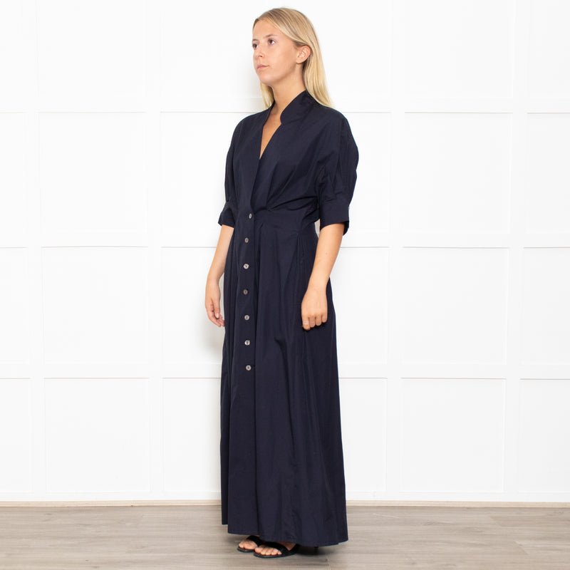 White Story Navy Cotton Gathered Waist Shirt Dress