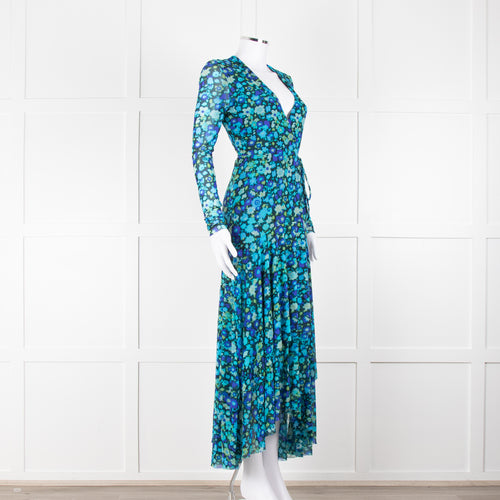Ganni Black Blue Floral Wrapped Midi Dress