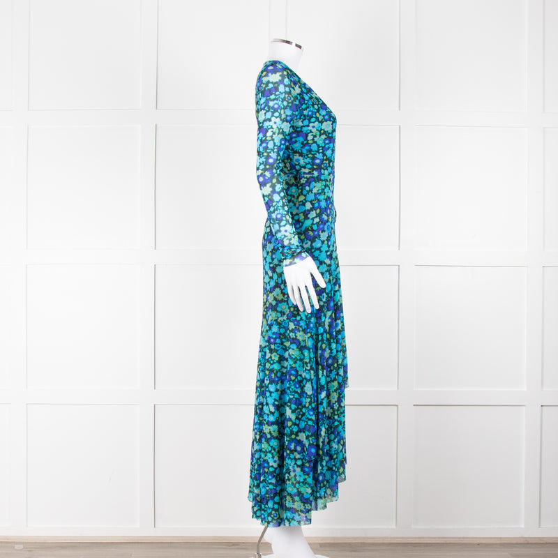 Ganni Black Blue Floral Wrapped Midi Dress