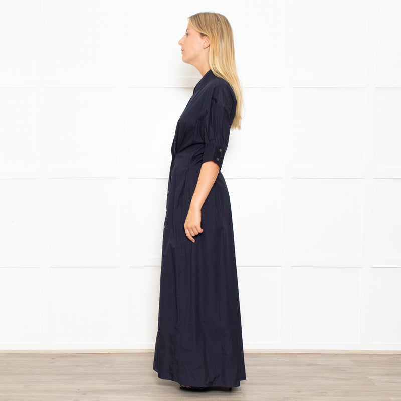 White Story Navy Cotton Gathered Waist Shirt Dress