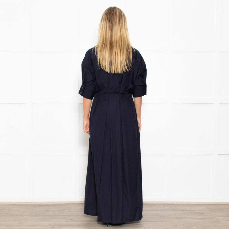 White Story Navy Cotton Gathered Waist Shirt Dress