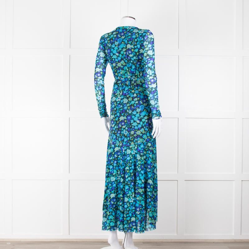 Ganni Black Blue Floral Wrapped Midi Dress