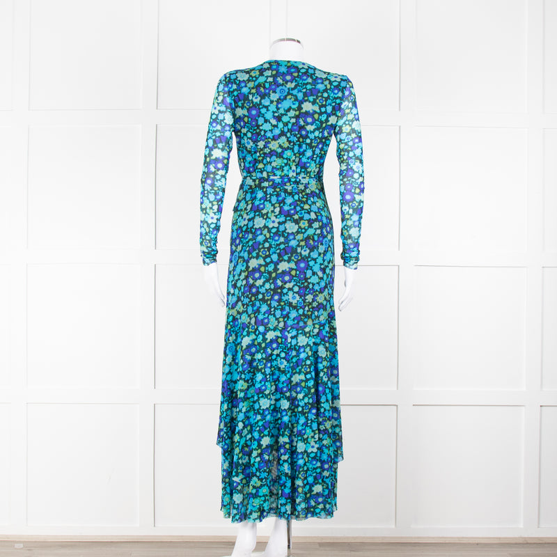 Ganni Black Blue Floral Wrapped Midi Dress