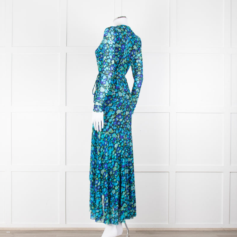 Ganni Black Blue Floral Wrapped Midi Dress