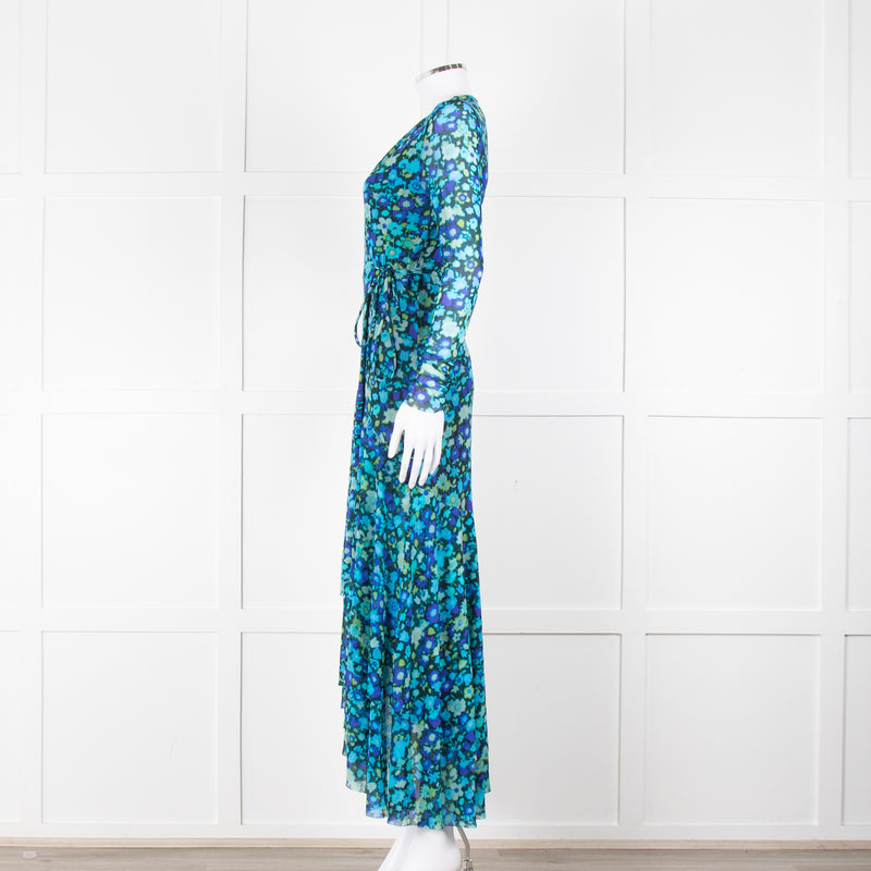 Ganni Black Blue Floral Wrapped Midi Dress