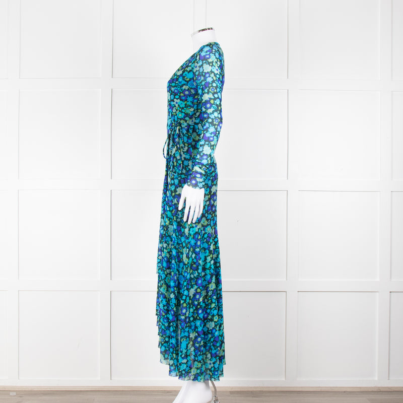 Ganni Black Blue Floral Wrapped Midi Dress