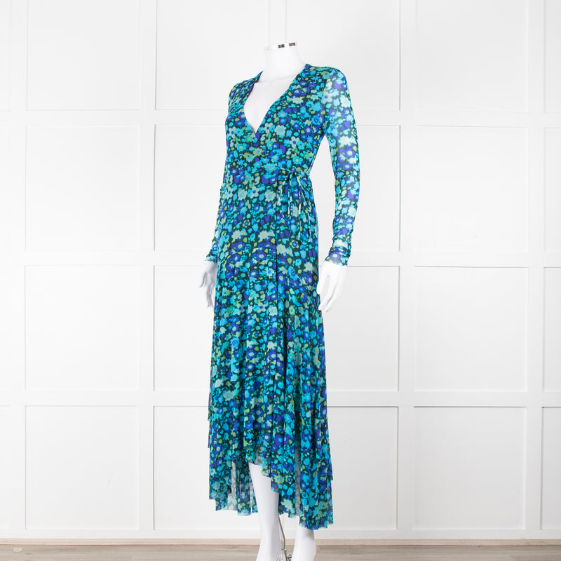Ganni Black Blue Floral Wrapped Midi Dress