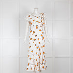 Ganni White Orange Floral Tie Shoulder Midi Dress