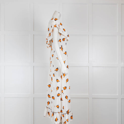 Ganni White Orange Floral Tie Shoulder Midi Dress