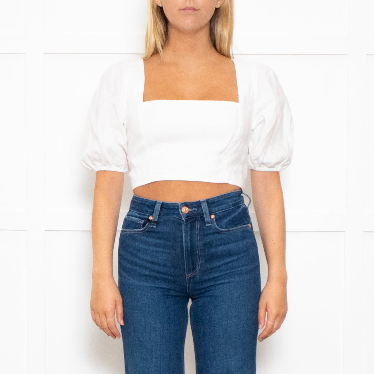 Reformation White Linen Stretch Back Crop Blouse