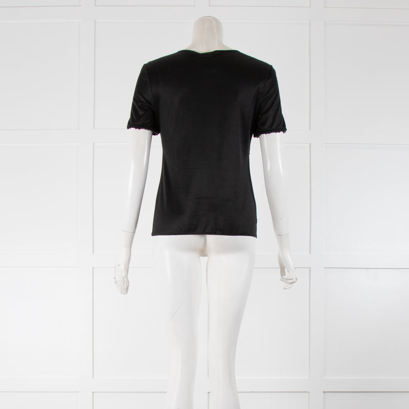 Chanel Black Bead Trim Short Sleeve Cotton Top